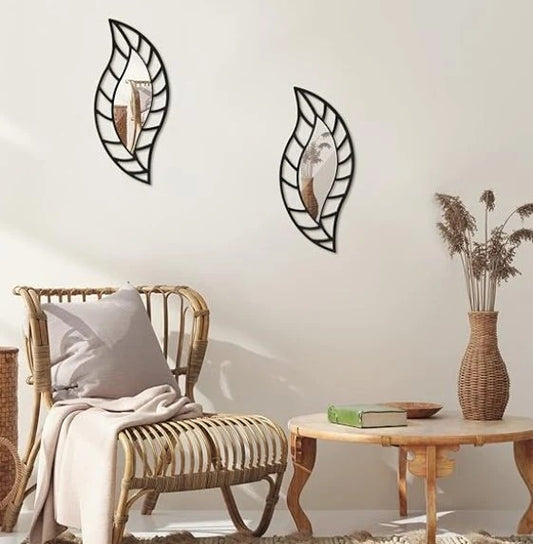 2 Pcs Small Mirror Wall Decor Mounted Art Leaf Mirror Decorative Teardrop Mirror Wall Decorations for Living Room Bedroom Bathroom Vanity Entryway Office(Black)